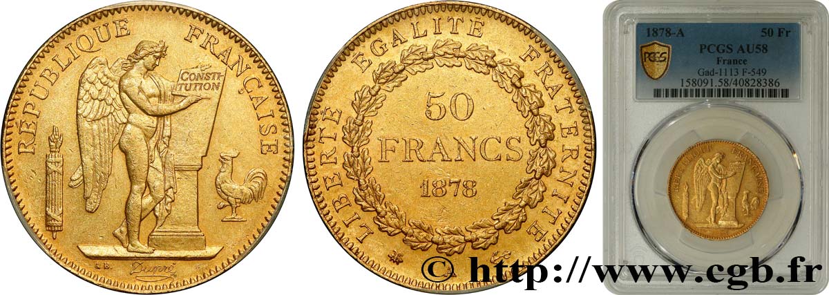 50 francs or Génie 1878 Paris F.549/1 SPL58 PCGS