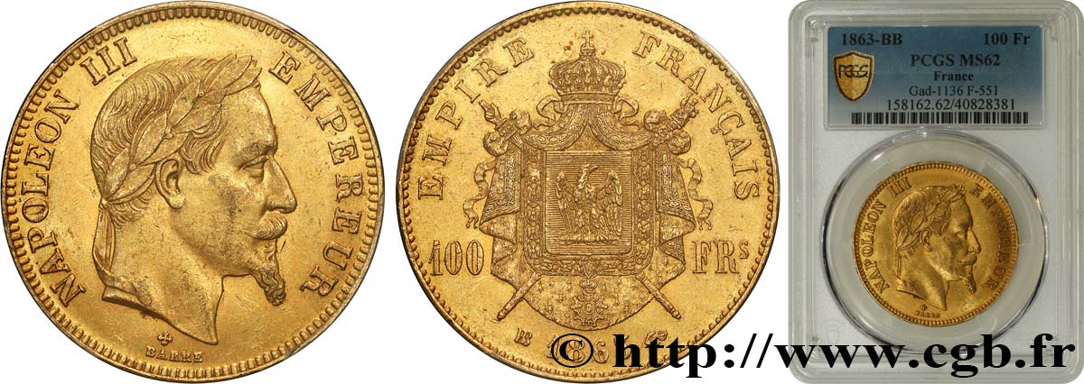100 francs or Napoléon III, tête laurée 1863 Strasbourg F.551/3 SPL62 PCGS
