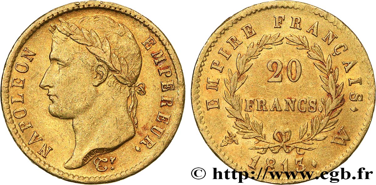 20 francs or Napoléon tête laurée, Empire français 1813 Lille F.516/38 fVZ 