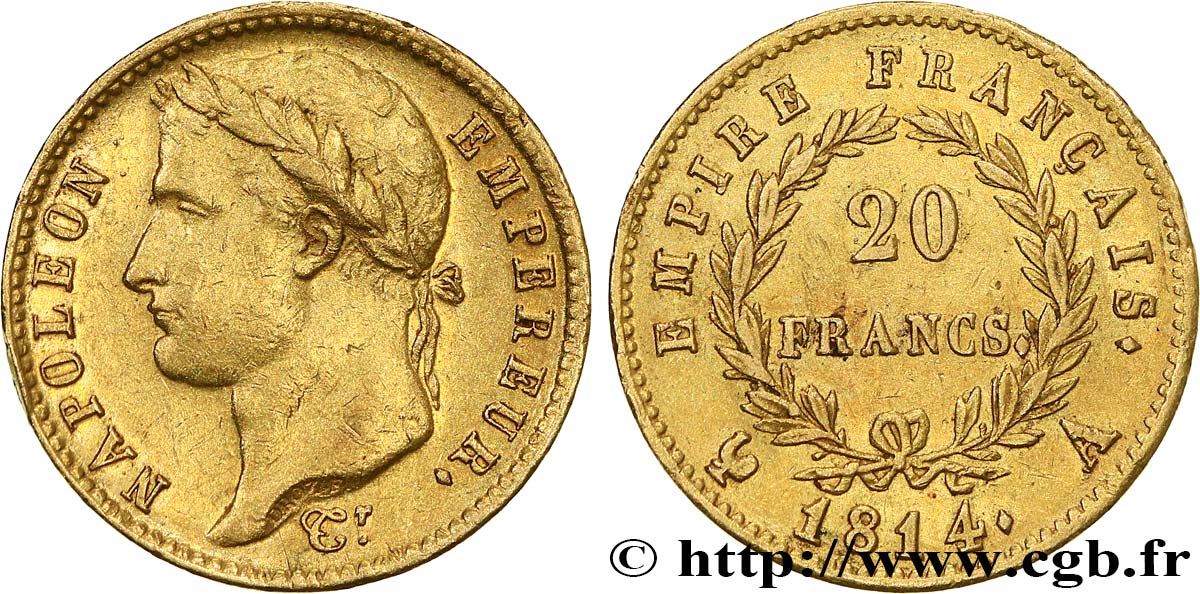 20 francs or Napoléon tête laurée, Empire français 1814 Paris F.516/39 MBC45 