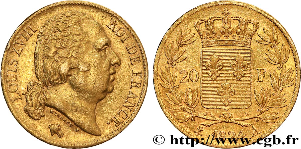 20 francs or Louis XVIII, tête nue 1824 Paris F.519/31 BB53 