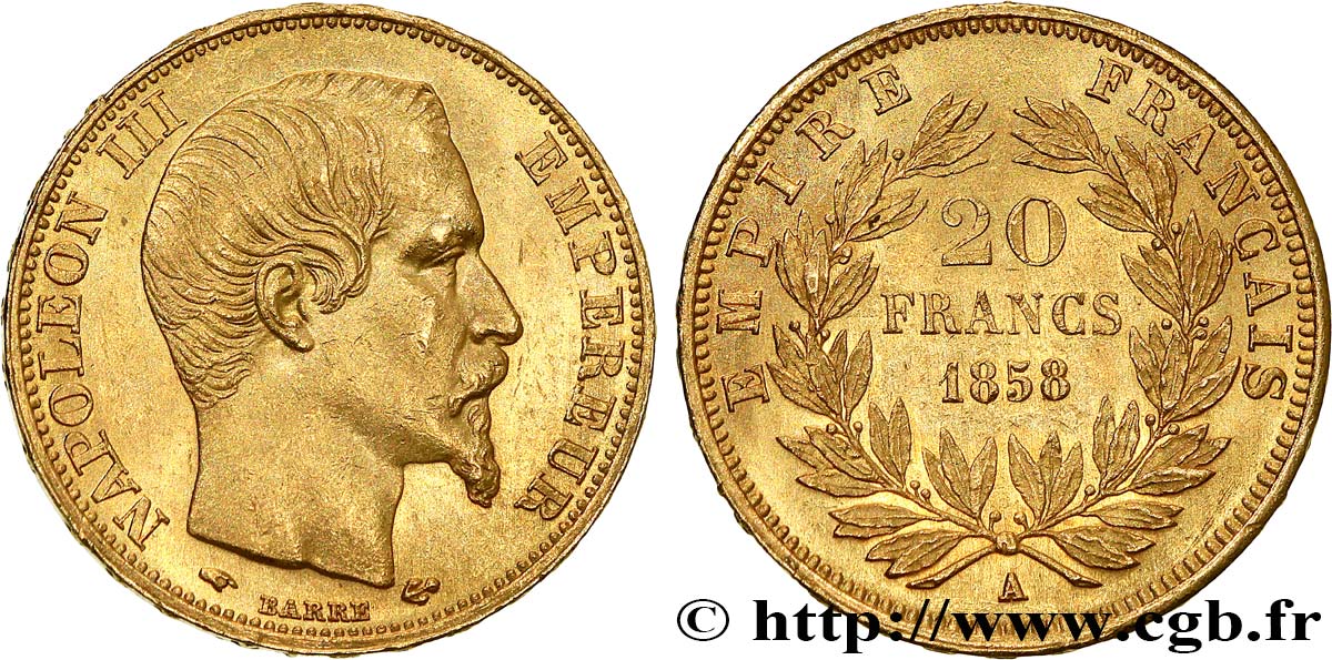 20 francs or Napoléon III, tête nue 1858 Paris F.531/13 EBC60 
