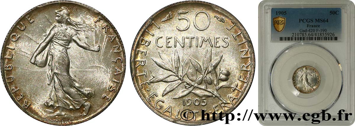 50 centimes Semeuse 1905 Paris F.190/12 fST64 PCGS