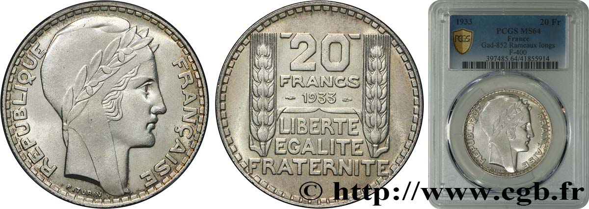 20 francs Turin, rameaux longs 1933  F.400/5 SPL64 PCGS