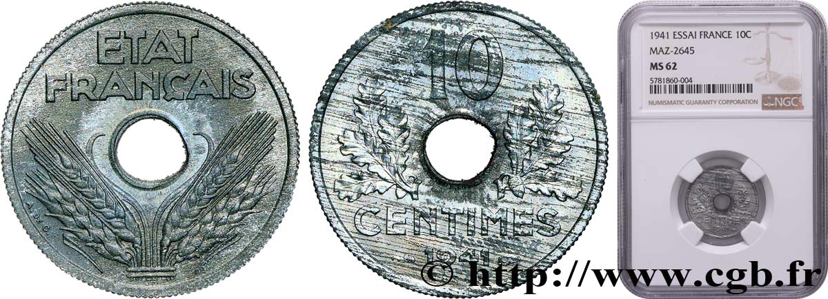Essai de 10 centimes État français, grand module 1941 Paris F.141/1 MS62 NGC