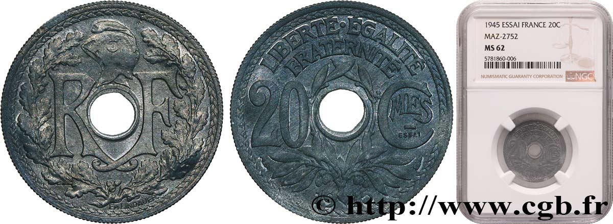 Essai de 20 centimes Lindauer en zinc 1945 Paris F.155/1 MS62 NGC