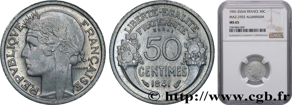 Essai de 50 centimes Morlon, lourde 1941 Paris F.193/1 ST65 NGC