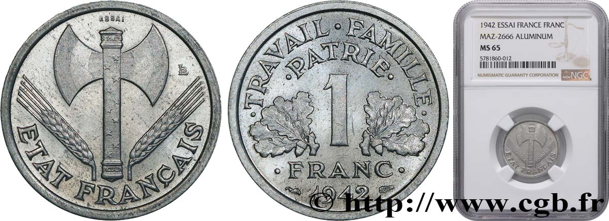 Essai de 1 franc Francisque, lourde 1942 Paris F.222/1 MS65 NGC