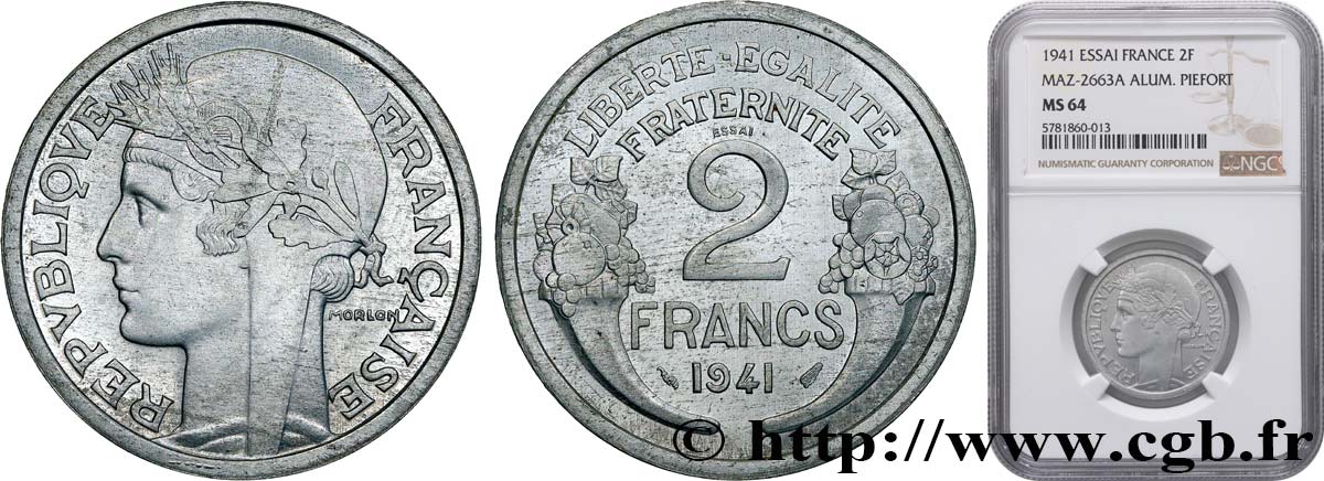 Essai (piéfort ?) de 2 francs Morlon, aluminium, poids très lourd 1941 Paris GEM.114 5 var. SPL64 NGC
