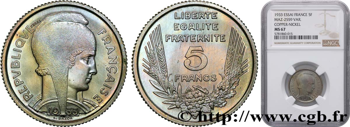 Essai de 5 francs Bazor en cupro-nickel non magnétique, poids standard 1933 Paris GEM.134 10 MS67 NGC