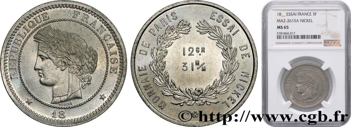 Concours de 5 francs, essai d’Oudiné (12 g / 31 mm) n.d. Paris GEM.141 2 FDC65 NGC