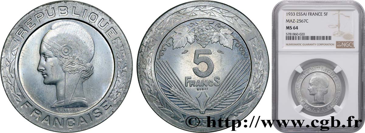 Concours de 5 francs, essai de Vézien en aluminium, léger, 3,5 g 1933 Paris GEM.139 4 MS64 NGC