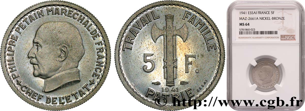 Essai de 5 francs Pétain en cupro-nickel, 3e projet de Bazor, petit 5 1941 Paris GEM.142 53 MS64 NGC