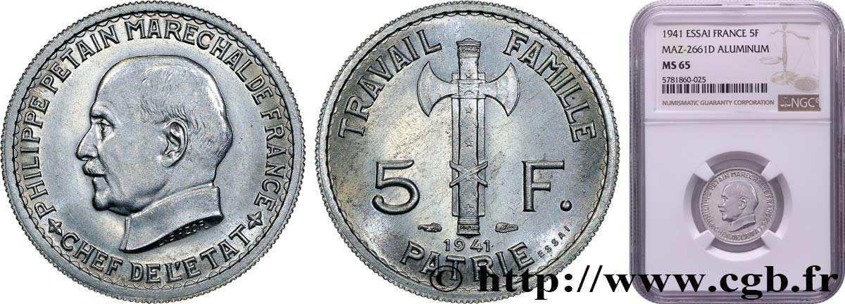 Essai de 5 francs Pétain en aluminium, 3e projet de Bazor (type adopté) 1941 Paris GEM.142 62 ST65 NGC