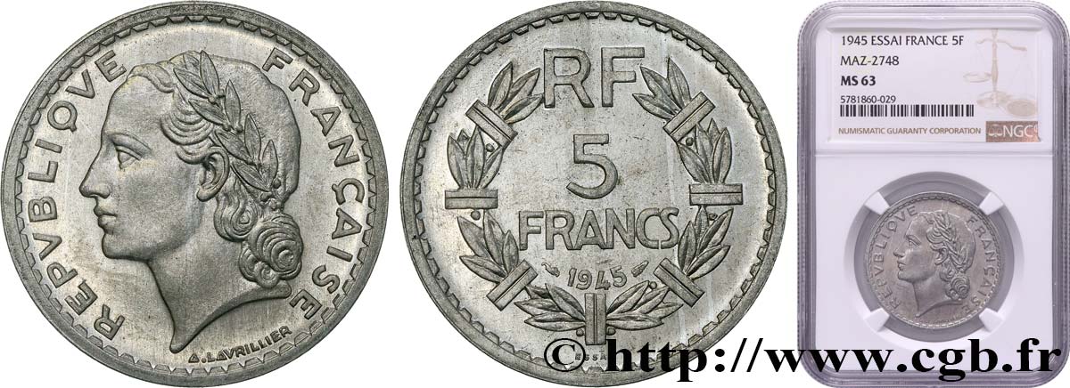 Essai de 5 francs Lavrillier, aluminium 1945 Paris F.339/1 MS63 NGC