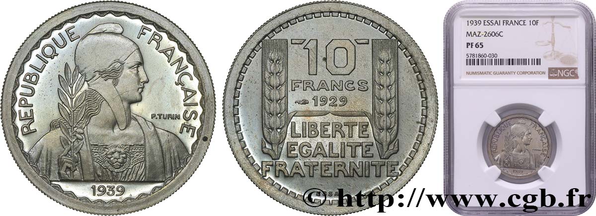 Essai hybride de 10 Francs Turin, module moyen, listel large, 26 mm, 7,5 g, cupro-nickel n.d. Paris GEM.174 13 FDC65 NGC