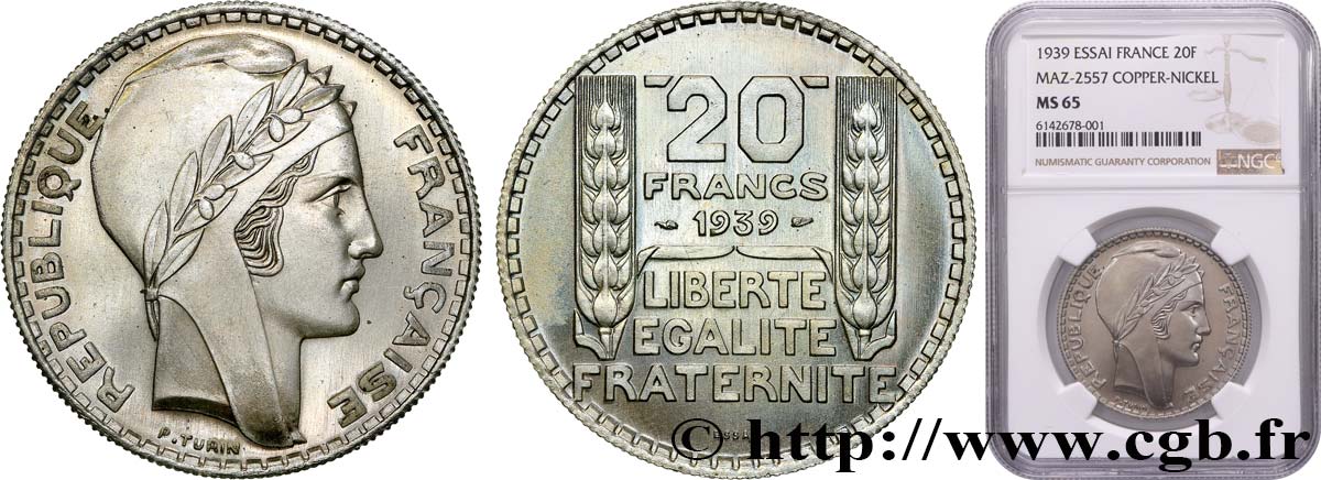 Essai de 20 francs Turin, en cupro-nickel 1939 Paris GEM.200 12 ST65 NGC