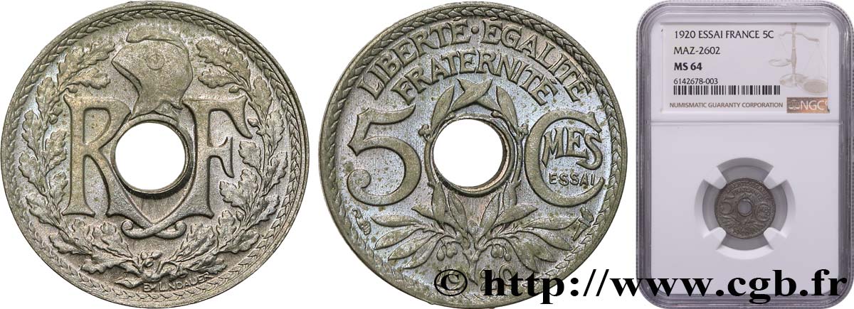 Essai de 5 centimes Lindauer, petit module 1920  F.122/1 SPL64 NGC