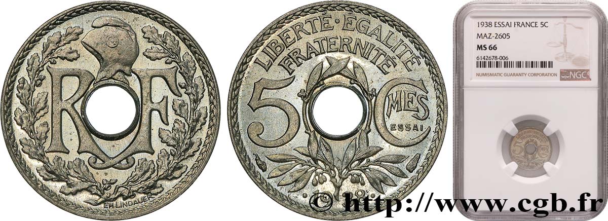 Essai de 5 centimes Lindauer maillechort, ESSAI en relief 1938 Paris F.123A/1 MS66 NGC