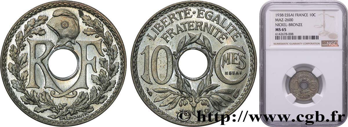 Essai de 10 centimes Lindauer, Bronze-Nickel 1938 Paris GEM.40 3 FDC65 NGC