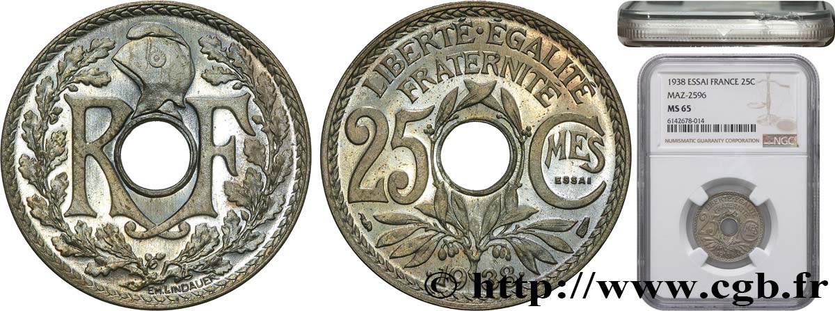 Essai de 25 centimes Lindauer, maillechort 1938 Paris F.172/1 MS65 NGC