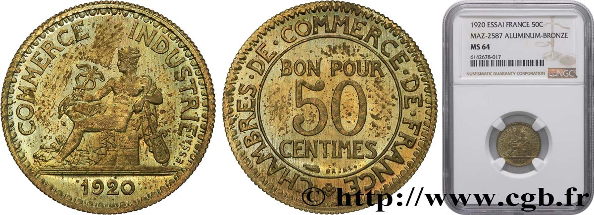 Essai de 50 centimes Chambres de commerce 1920 Paris F.191/1 SC64 NGC