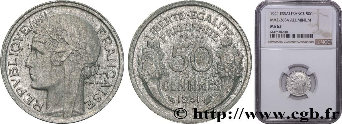 Essai de 50 centimes Morlon, lourde 1941 Paris F.193/1 SC63 NGC
