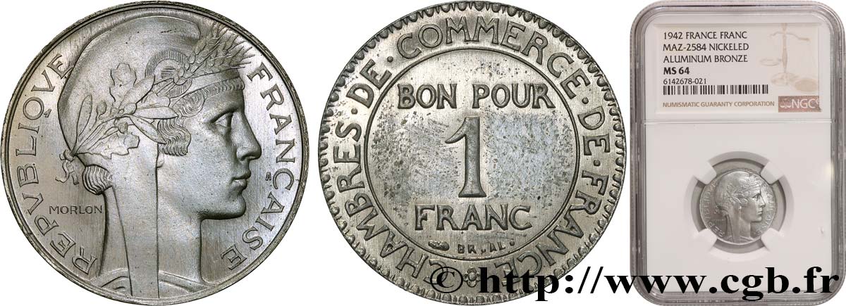 Essai de 1 franc hybride Morlon / Chambres de commerce en bronze-aluminium plaqué nickel n.d.  GEM.96 1 SC64 NGC