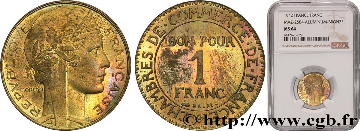 Essai de 1 franc hybride Morlon / Chambres de commerce en bronze-aluminium n.d.  GEM.96 2 MS64 NGC