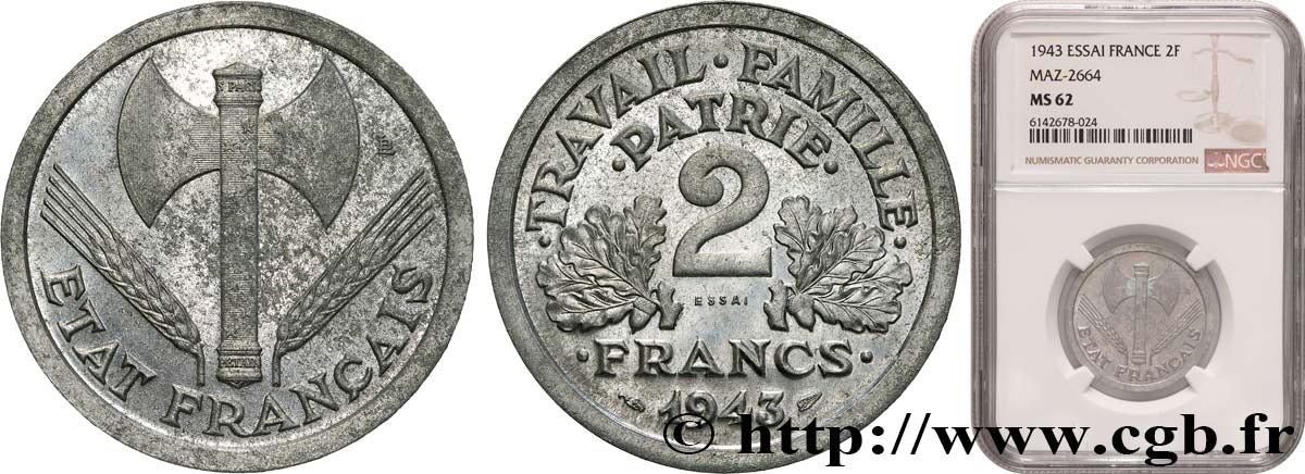 Essai de 2 francs Francisque 1943 Paris F.270/1 SUP62 NGC