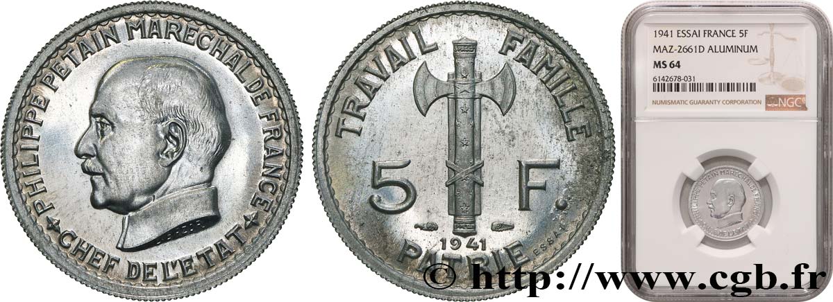 Essai de 5 francs Pétain en aluminium, 3e projet de Bazor (type adopté) 1941 Paris GEM.142 62 SPL64 NGC