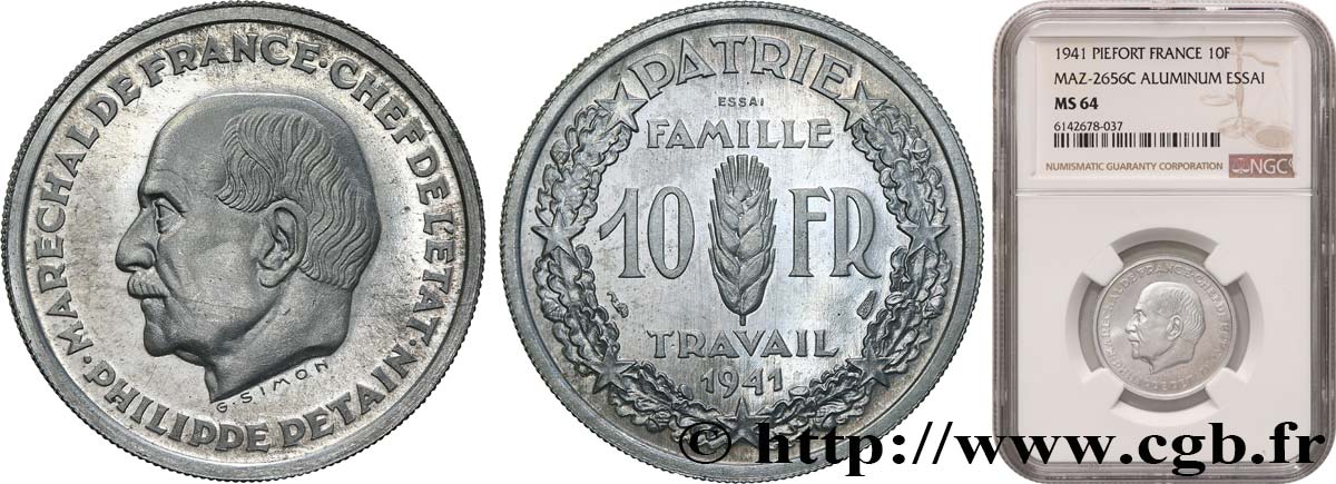 Essai de 10 francs Pétain en aluminium par Simon, poids lourd (3 g) 1941 Paris GEM.177 3 MS64 NGC