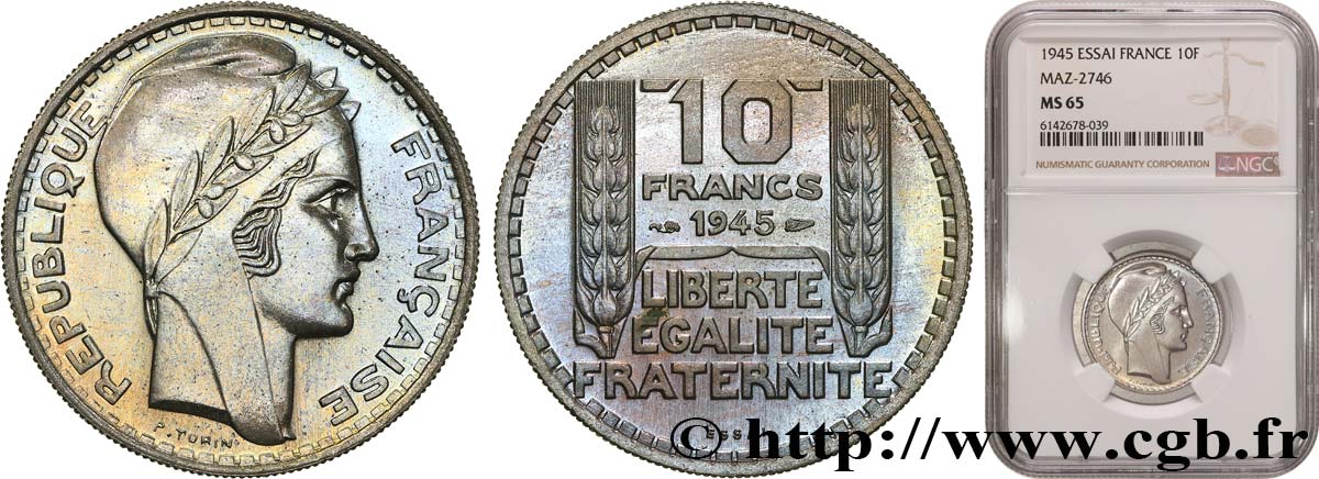 Essai de 10 francs Turin, grosse tête, rameaux longs 1945 Paris F.361/1 MS65 NGC