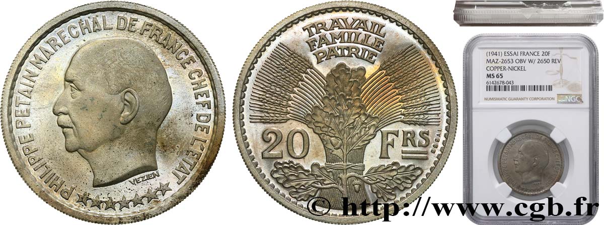 Essai hybride de 20 francs Pétain en cupro-nickel par Vézien / Cochet n.d. Paris GEM.205 5 ST65 NGC