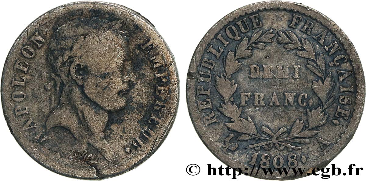 Demi-franc Napoléon Ier tête laurée, République française 1808 Paris F.177/2 B+ 