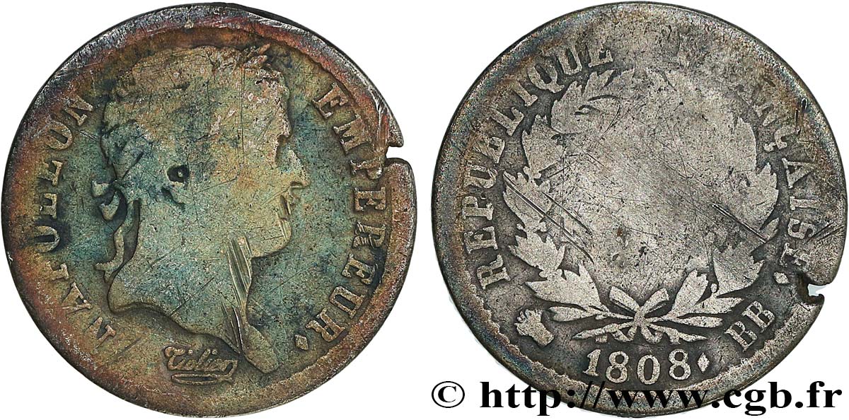 Demi-franc Napoléon Ier tête laurée, République française, buste fin 1808 Strasbourg F.177/4 B 