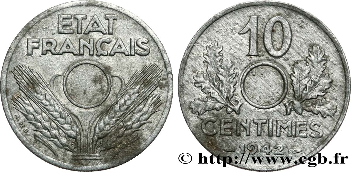 10 centimes, État français, grand module, non perforé 1942 Paris F.141/4 XF 