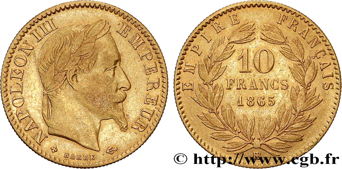 10 francs or Napoléon III, tête laurée 1865 Strasbourg F.507A/10 MB35 