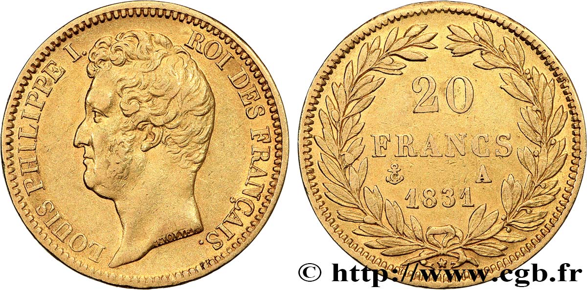 20 francs or Louis-Philippe, Tiolier, tranche inscrite en creux 1831 Paris F.524/2 BB 