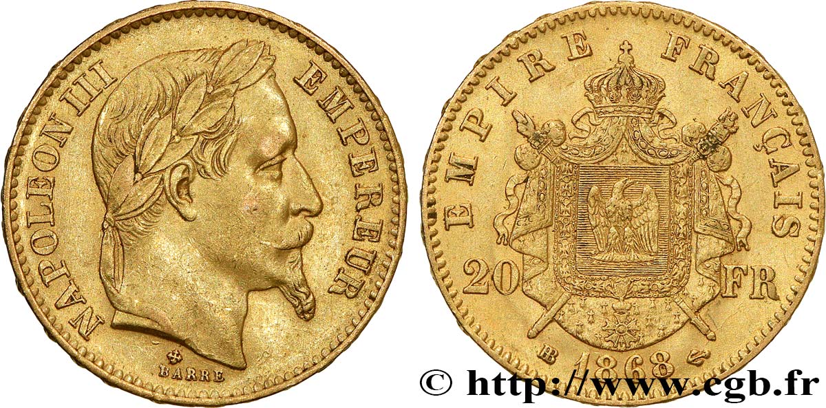 20 francs or Napoléon III, tête laurée 1868 Strasbourg F.532/19 TTB+ 