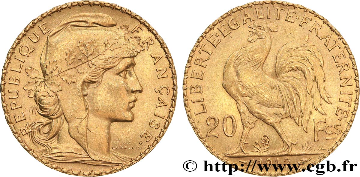 20 francs or Coq, Liberté Égalité Fraternité 1912 Paris F.535/6 EBC+ 
