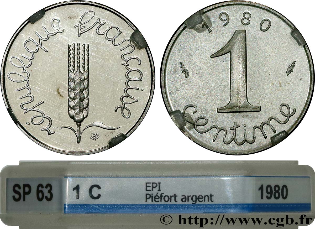 Piéfort argent de 1 centime Épi 1980 Pessac GEM.4 P2 MS63 GENI