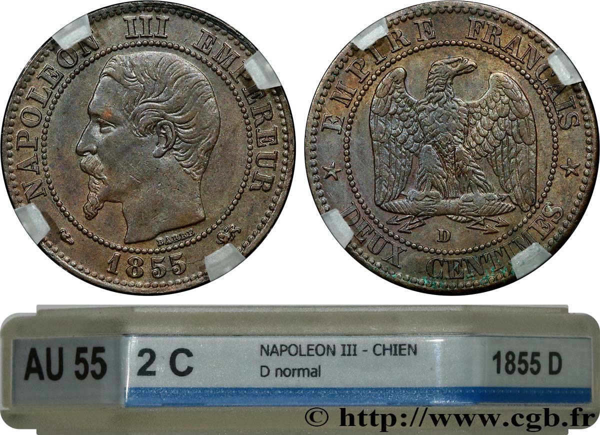 Deux centimes Napoléon III, tête nue 1855 Lyon F.107/29 AU55 GENI