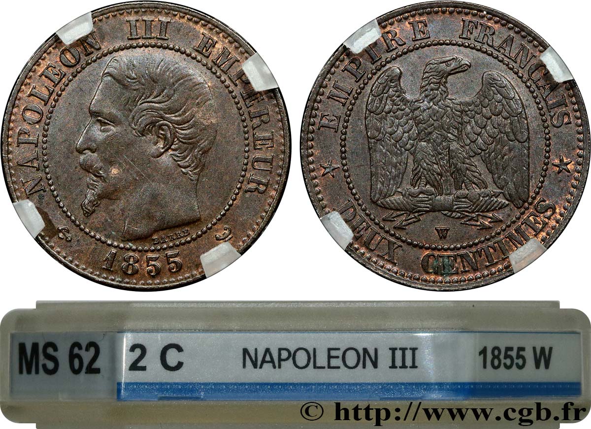 Deux centimes Napoléon III, tête nue 1855 Lille F.107/37 EBC62 GENI