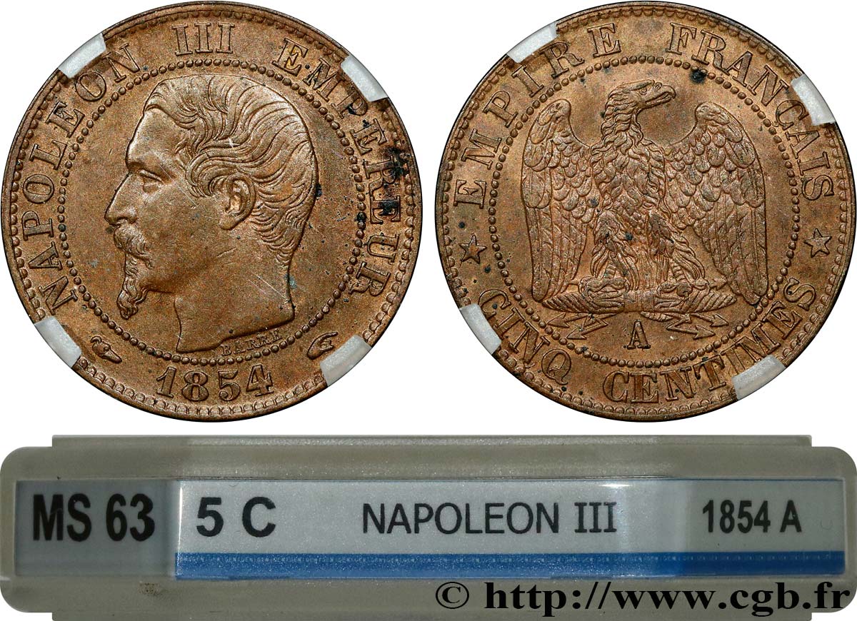 Cinq centimes Napoléon III, tête nue 1854 Paris F.116/8 SPL63 GENI