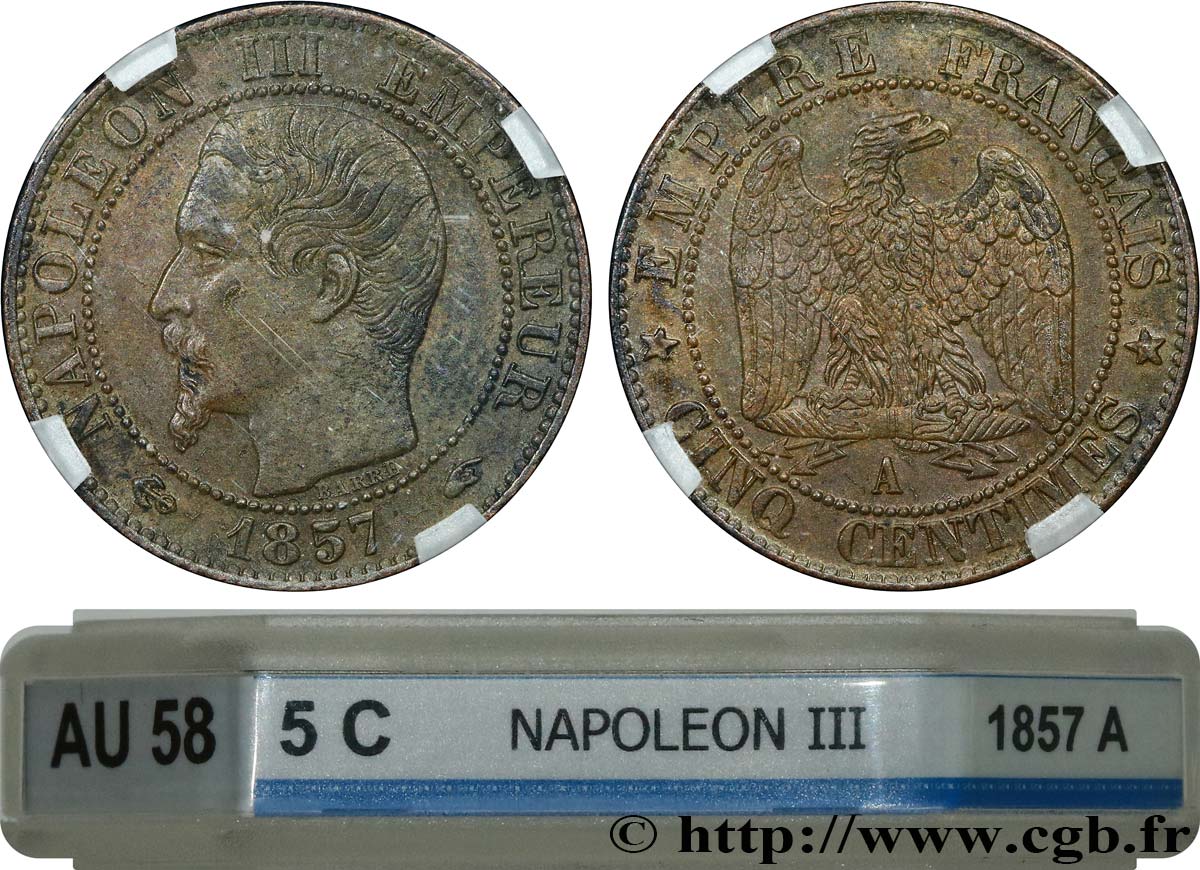 Cinq centimes Napoléon III, tête nue 1857 Paris F.116/37 SPL58 GENI
