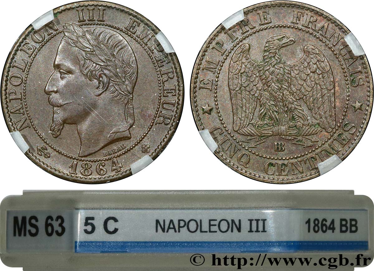 Cinq centimes Napoléon III, tête laurée 1864 Strasbourg F.117/14 MS63 GENI