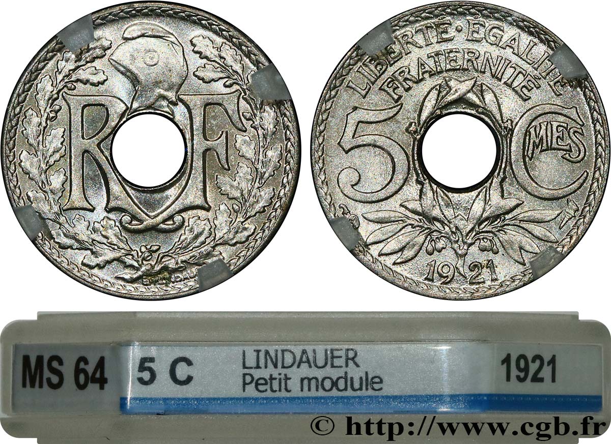 5 centimes Lindauer, petit module 1921 Paris F.122/3 MS64 GENI