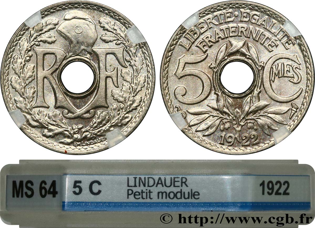 5 centimes Lindauer, petit module 1922 Paris F.122/4 MS64 GENI