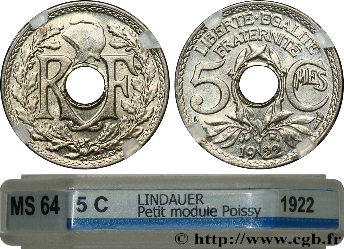 5 centimes Lindauer, petit module 1922 Poissy F.122/5 fST64 GENI